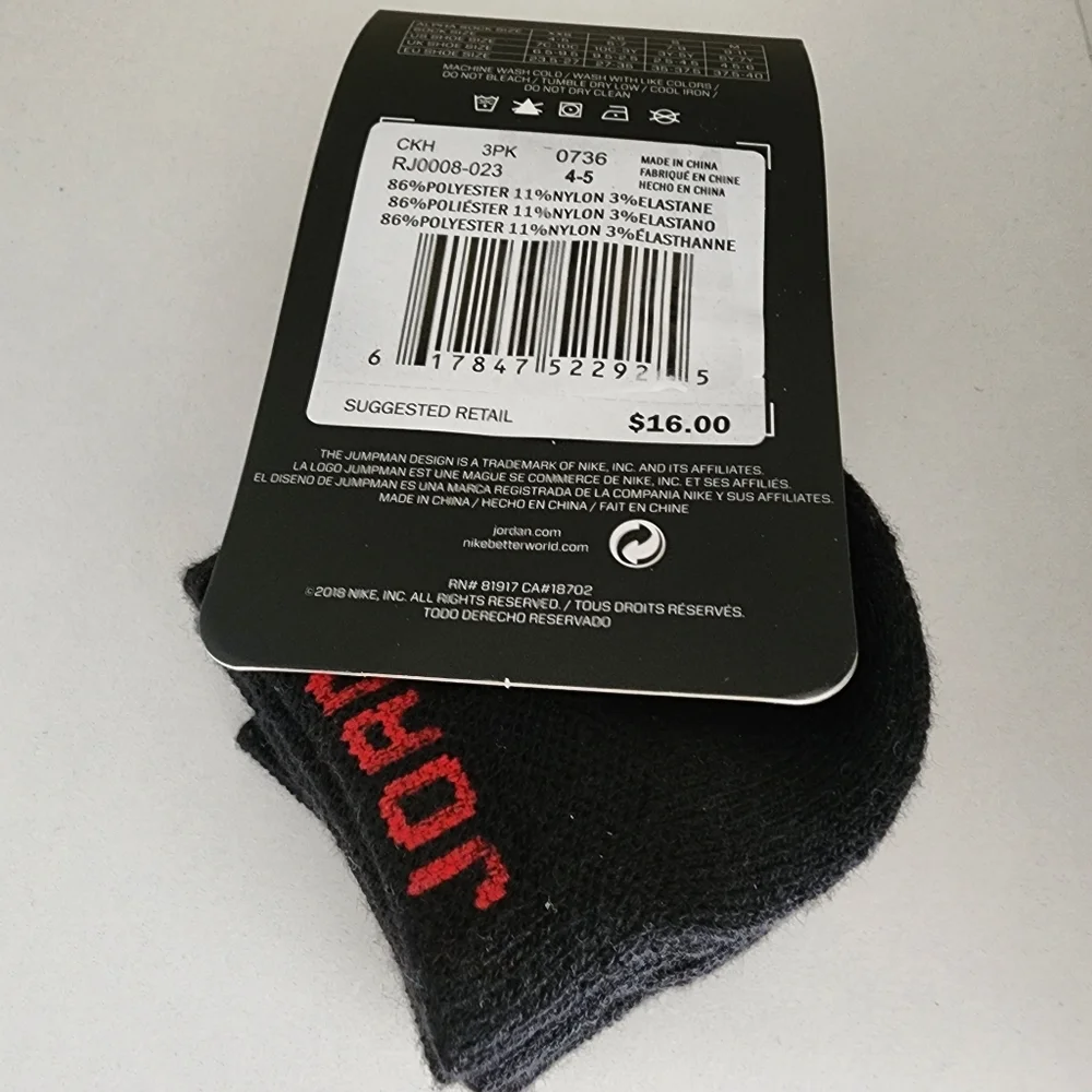 Nike Jordan Jumpman No-Show Kids Socks 3 Pack Sz 7C-10C black Red